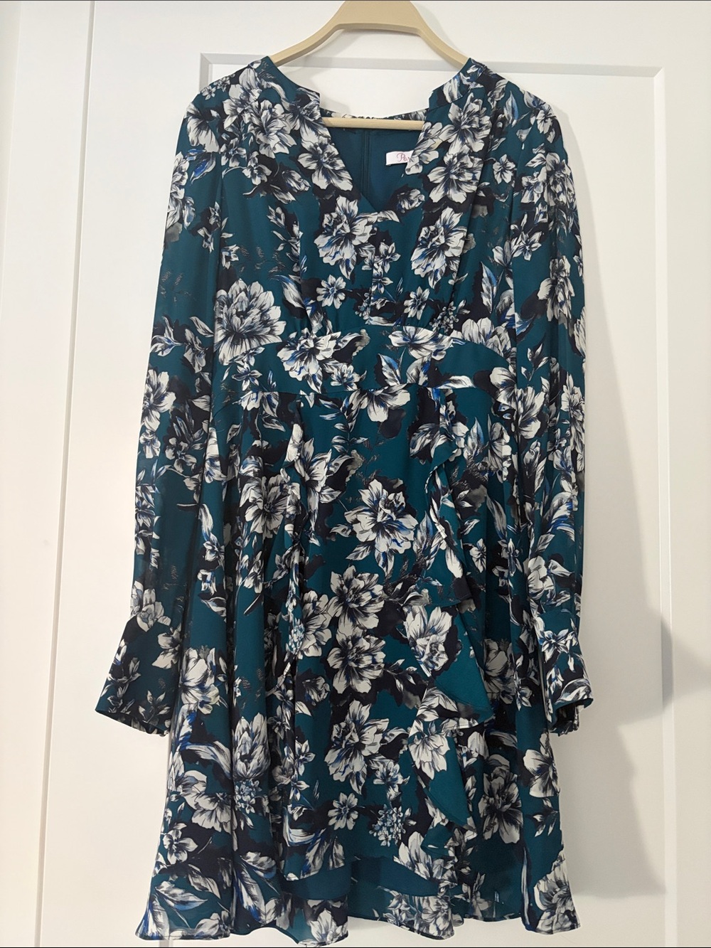 Parker Teal Floral Long-Sleeve Ruffle Dress
